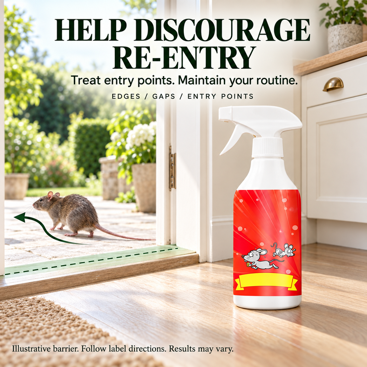 Illustration of intended repellent action to help discourage rats from re-entering treated areas when used as directed